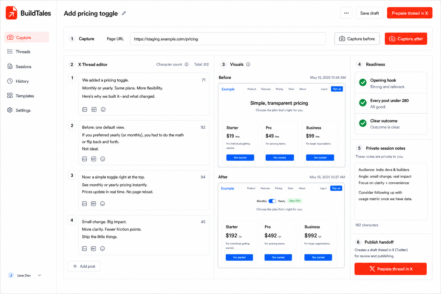 BuildTales showing the X thread editor, capture URL, before and after visuals, readiness checks, private notes, and X publishing handoff